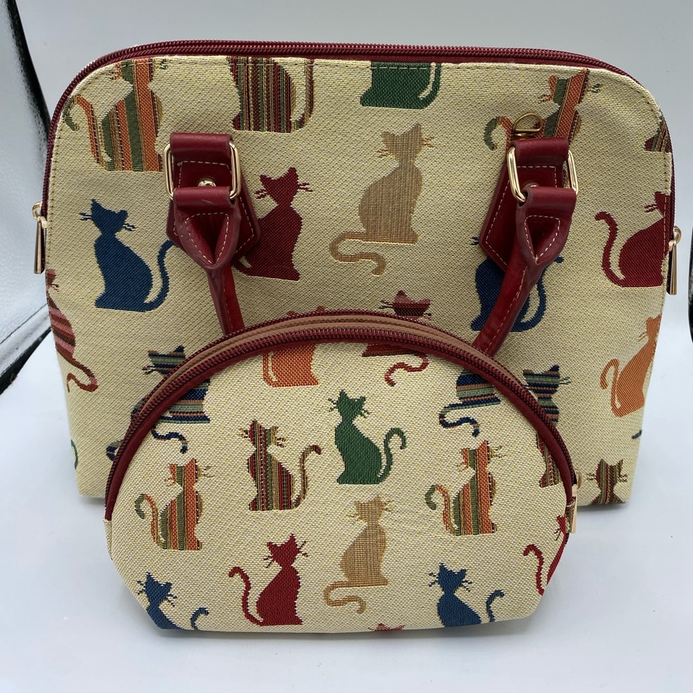 Signare tapestry bags purse and makeup bag handbag handles CATS animal print